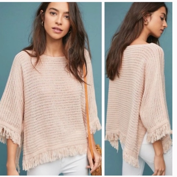 Anthropologie Akemi + Kin Frenchie Fringe Poncho Beige Sweater - Picture 1 of 5